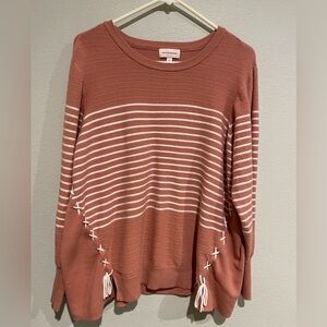 Pink and white Molly & Isadora striped shirt with lace detail. Size 2X